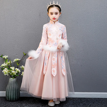 Chinese style girls Chinese New Year Hanfu Spring and summer childrens ancient costumes Tang costumes Spring New Year greetings thick long sleeves plus Velvet