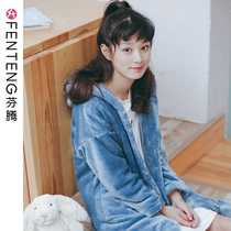 Fenten Coral Velvet Nightdress Womens Winter Pajamas Flannel Thick Hooded Overlend Bathrobe Girl Sleepwear Autumn and Winter