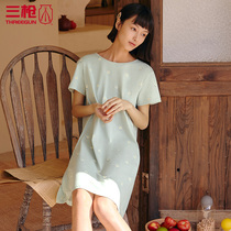 Three shots cotton nightgown summer Women water soft cotton round neck short sleeve Womens Home dress print casual middle trousers 70255