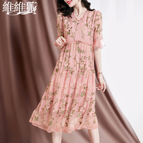 Mother summer clothes Heavy work embroidery mulberry silk dresses 2022 new middle aged womens dress short sleeves true silk dress