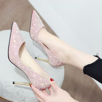 High heels womens thin heels 2021 spring new fairy feng shui diamond shallow mouth womens shoes pointed wedding shoes bridesmaid single shoes