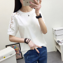 Shirt womens short sleeve loose Korean version of T-blood womens Jersey summer tide lace hollow hook flower mid-sleeve T-shirt trend