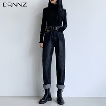 Black loose straight jeans womens spring 2021 new high waist thin dad Harun radish pants