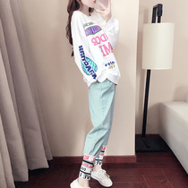 South Korea 2021 autumn and winter new Korean version of the clothing suit womens fashion Relaxed Ocean Gas Mesh Red Sports Leisure Two Sets