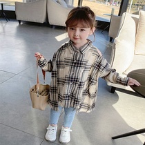 Girls shirt 2021 spring new dress slip shoulder plaid Korean children long sleeve shirt foreign style long coat tide