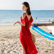 Dew Shoulder Red Dress Sexy Woman Summer New Seaside Holiday Long Skirt Open Fork Hainan Sanya Beach Dresses