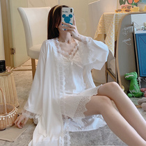 Summer pajamas womens white thin ice silk sexy lace suspenders spring and autumn robes with chest pads can be worn in two-piece sets