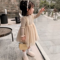 Plus velvet knit sweater girl 2020 new autumn winter dress little girl mesh stitching long sleeve princess dress (