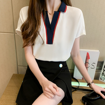 2021 summer new fashion high-end foreign style shirt femininity color matching professional shirt OL slim chiffon top