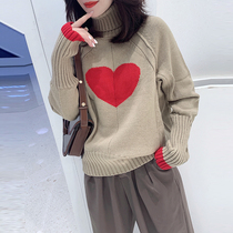 Lazy wind fashion turtleneck heart-shaped print retro knitted sweater European station 2022 winter womens new European goods