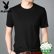 Playboy mens short sleeve T-shirt mulberry silk summer round neck Ice Silk thin middle-aged dad loose V-collar shirt