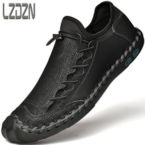 Leather shoes summer breathable trendy mens shoes soft bottom British wild summer pedal large size casual handmade cowhide