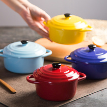 Binaural baked rice bowl Japanese ceramic baking bowl baking with lid soup bowl oven steamed egg cup cutlery set home