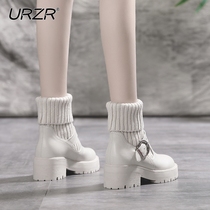 urzr Martin boots womens 2022 new beige low-top thick bottom plus velvet warm knitted wool white short boots