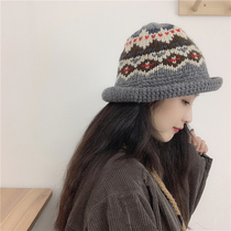 Hand-woven pattern ancient wind knitted fisherman hat female Japanese autumn and winter warm curling literary wool basin hat