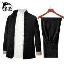 Tang clothing mens cotton and hemp long-sleeved suit Chinese stand-up collar vintage linen Hanfu Chinese style national clothing tunic