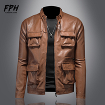 Locomotive Leather Clothing Mens Chains Tide Autumn Trend Seater Handsome collar jacket Multi-pocket tooling Short Jacket Male