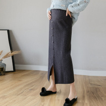 Pregnant womens skirt autumn and winter New knitted split button medium tide mother wear high waist belly skirt bottom