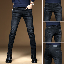  Hong Kong black mens jeans 2021 autumn and winter slim-fitting small pants elastic youth Korean version of the trend plus velvet trousers