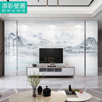 Modern new Chinese blue artistic conception Zen landscape tile TV background wall cloth light luxury marble sofa wallpaper