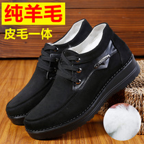 Sheepskin wool one-piece old Beijing cloth shoes warm plus velvet mens shoes middle and old pure wool non-slip dad large size cotton shoes