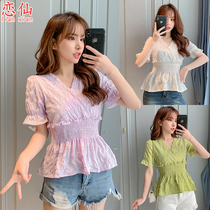 Light purple blouses woman Taro Purple Short foam Bubble Sleeves Small lotus leaf Side closedown V collar lining Shirt Shirt Shirt Shirt