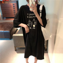 South Korea 2021 new summer Korean version of loose long lazy style print short sleeve dress female lazy skirt size