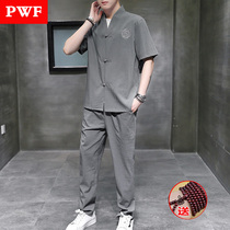Summer new Chinese Wind suit Mens embroidery Short sleeves T-shirt Long pants Two sets of mens temperament paired with a set of tide