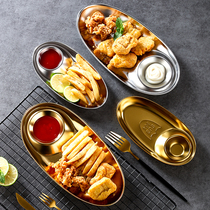 Creative 304 stainless steel oval egg-shaped fried chicken and french fries plate snack plate snack plate plate with seasoning sauce grid