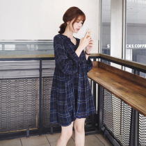Korean maternity dress spring and autumn coat 2021 new cotton hemp plaid loose medium long bottom out dress