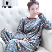 Spring and autumn and winter flannel pajamas womens plush thickened warm long-sleeved coral velvet suit Korean version of cute home clothes