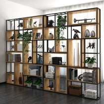 Retro American wrought iron wood loft screen display stand background wall shelf living room partition bookshelf landing