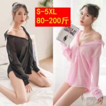Big code new spandex Fat mm Boyfriend White Shirt Spice Pajamas transparent Long sleeves lingerie Thin Veil Perspective Woman