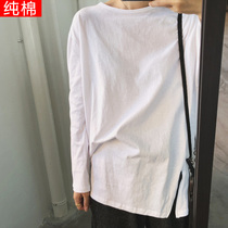 Spring and Autumn Dress Korean version of round neck white T-shirt womens long sleeve long top loose Joker cotton interior base shirt