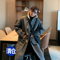Hualun winter mid-length single row horn buckle wool collar wool coat mens loose Korean ins wool coat