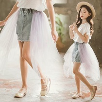 Girls mesh denim shorts with yarn skirt outer gauze skirt half sleeves stitching fake two pieces with trousers