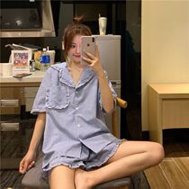 Summer New Ins Sleepwear Woman Short Sleeve Shorts Korean Version Summer Sky Cardiovert Red Student Outwear Home Suit Suit