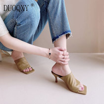 European station net red fine heel lined with female outside wearing fashion square head heels heel genuine leather slippers with leather slippers