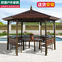 Outdoor wooden house gazebo Courtyard terrace Garden Wrought iron tile hexagonal pavilion Anti-corrosion wood Chinese large gazebo tent