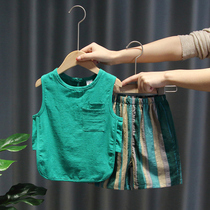 Boys summer clothing suit 2022 new wave baby foreign air sleeveless cotton linen two sets of children handsome sports vest