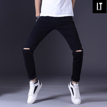 Hong Kong 2022 new jeans mens broken holes in small leggings pants Korean version fashion trend elastic black long pants