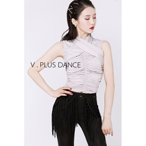 V PLUS DANCE high snow Latin DANCE exercise suit gray pleated small turtleneck sleeveless top DANCE suit
