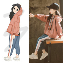 Childrens clothing 2020 new autumn girl suit Korean version of the big child fashionable loose sweater Western style two-piece set tide