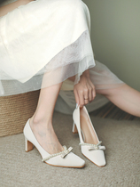 Shoes womens 2022 autumn new leather French retro pearl square toe thick heel high heels middle heel single shoes women