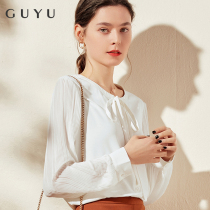 Early autumn bow shirt womens 2022 new long-sleeved design niche white shirt accordion pleated chiffon top