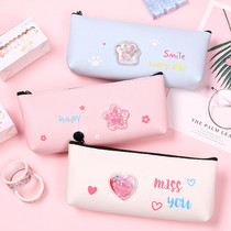 Creative simple large capacity student stationery box into oil three-dimensional quicksand pencil bag Strawberry cherry blossom girl heart pencil bag