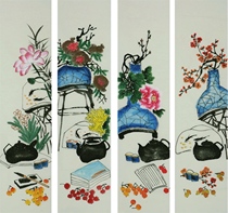 Four-screen freehand flowers and birds (86) Chinese painting Qing for pictures calligraphy and painting