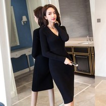 South Korea autumn and winter new v-neck mid-length sexy office wear hip slim-fit bottoming sweater knitted dress