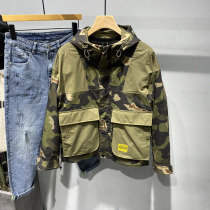 Camouflage coat men's autumn dress Korean trend Joker casual tooling Hong Kong style handsome hooded loose short jacket
