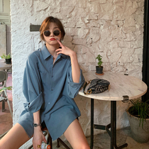 Bat sleeve shirt womens autumn 2020 new Korean version of blue loose thin lace-up blue design sense dovetail shirt